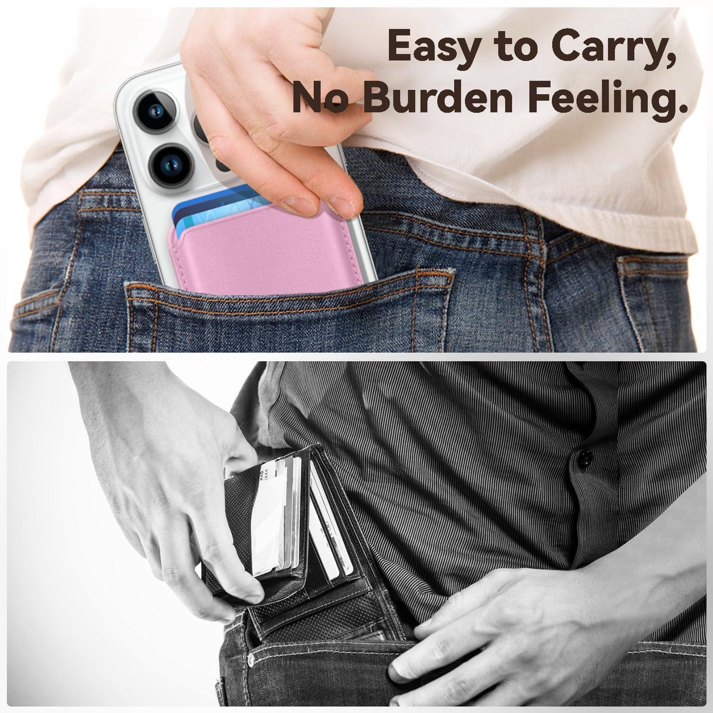 KRTALS Magnetic Wallet Cell Phone Card Holder for Phone Case with Mag-Safe, Stronger Magnetic RFID Leather Phone Wallet Stick on Series of iPhone 17/16/15/14/13/12 and Pro/Promax, Pink