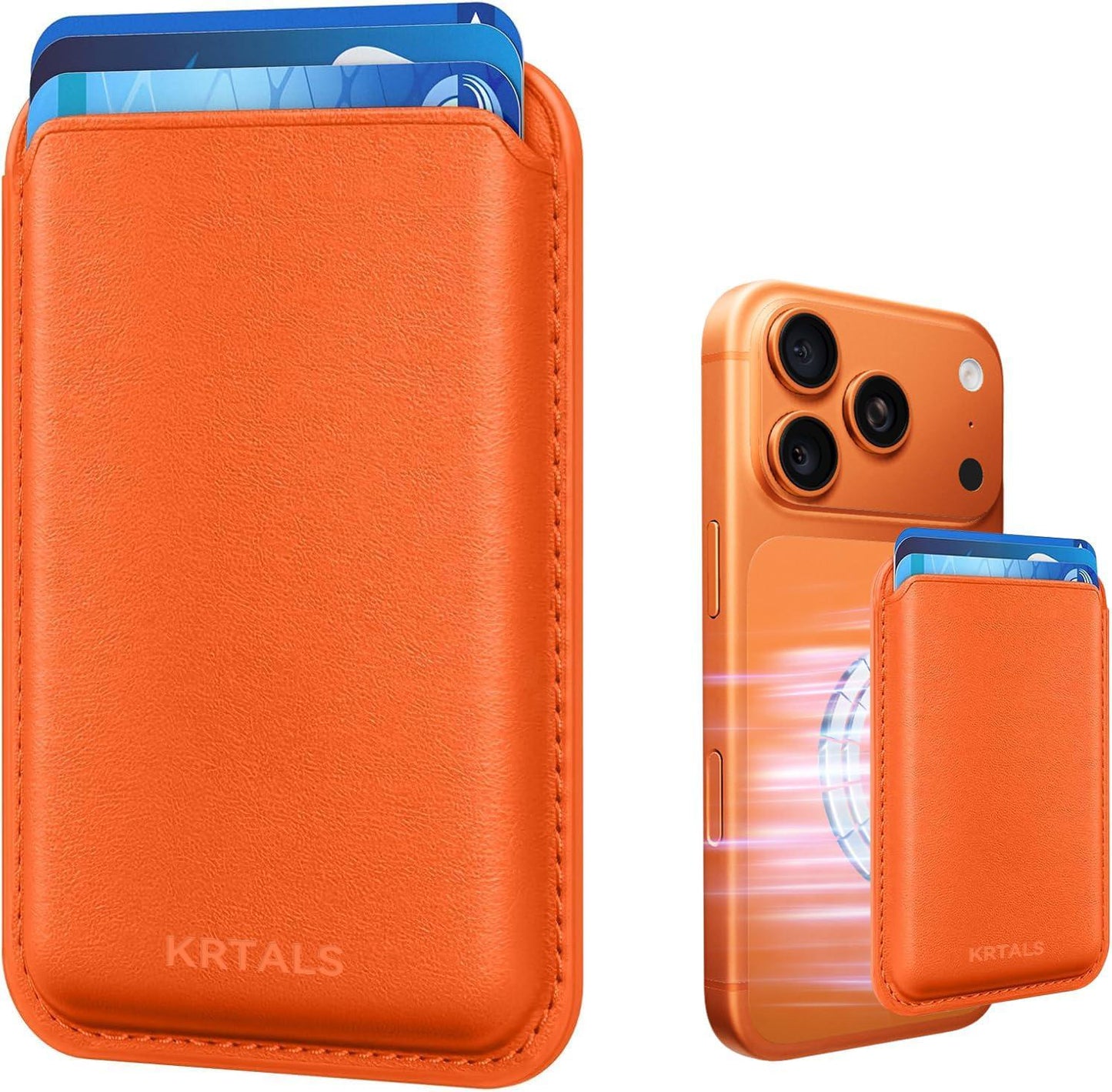 KRTALS Stronger Magnetic RFID Leather Mag-Safe Card Holder for iPhone 15 Series, Mag-Safe Accessories Stick on Series of iPhone 17/16/15/14/13/12 and Pro/Promax, Orange