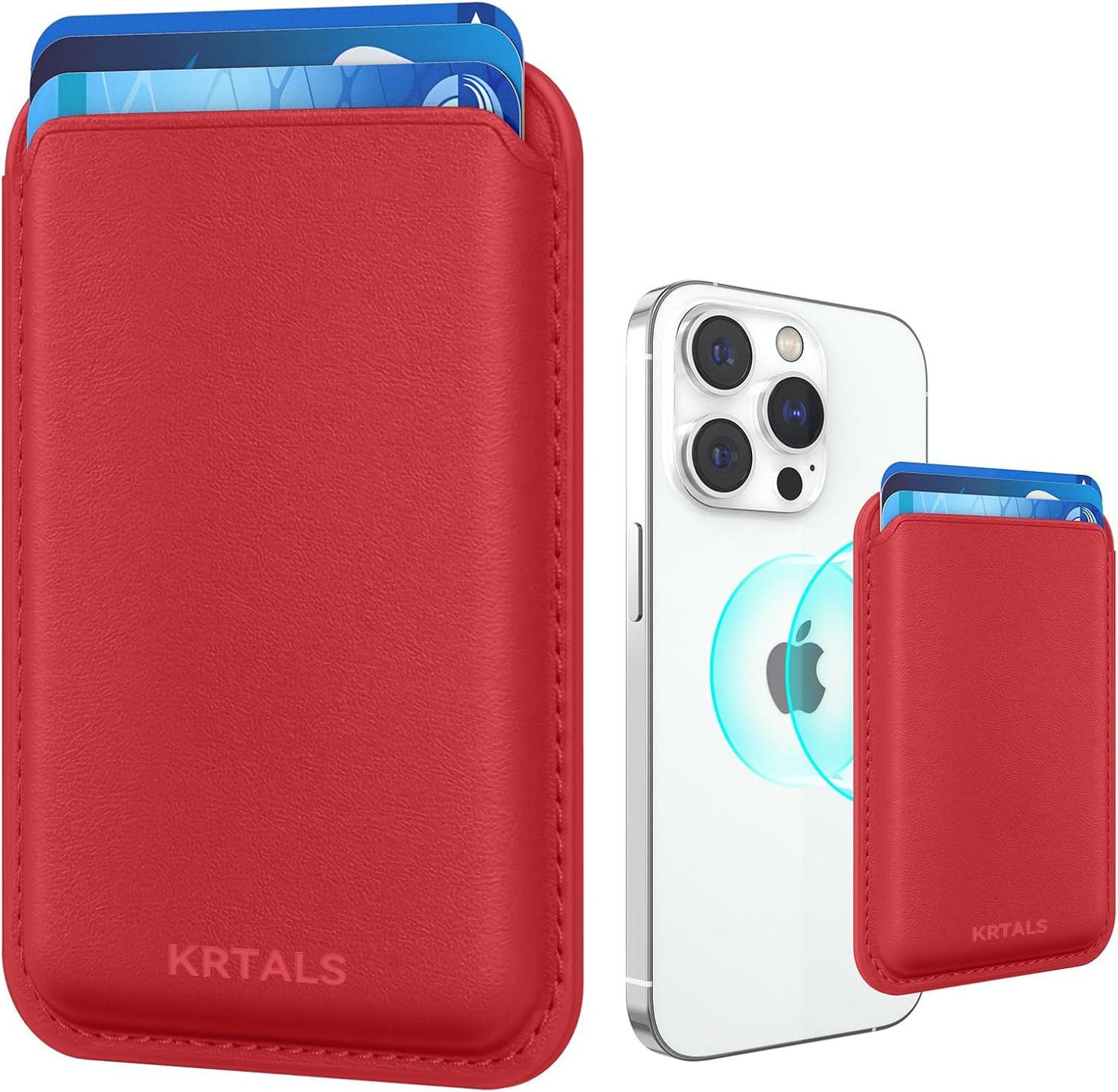 KRTALS Stronger Magnetic RFID Leather Mag-Safe Card Holder for iPhone 16 Series, Mag-Safe Accessories Stick on Series of iPhone 17/16/15/14/13/12 and Pro/Promax, Red
