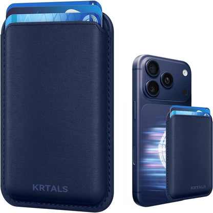 KRTALS Magnetic Wallet Cell Phone Card Sleeves for Phone Case with Magnetic, Stronger Magnetics RFID Leather Phone Wallet Stick on Series of iPhone 17/16/15/14/13/12 Pro/Promax, Indigo Blue