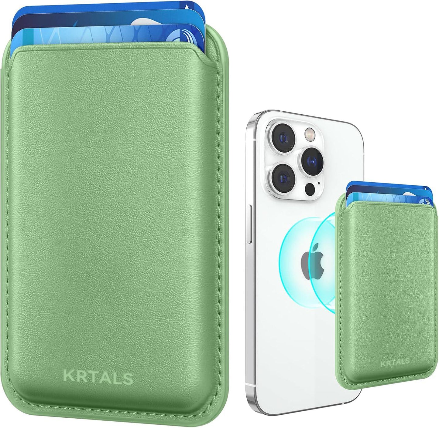 KRTALS Stronger Magnetic RFID Leather Mag-Safe Card Holder for iPhone 17 Series, Mag-Safe Accessories Stick on Series of iPhone 17/16/15/14/13/12 and Pro/Promax, Light Green
