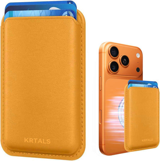 KRTALS Magnetic Mag-safe Wallet Cell Phone Card Holder for iPhone 15 Series, Stronger Magnetic RFID Leather Phone Wallet Stick on Series of iPhone 17/16/15/14/13/12 Pro/Promax, Yellow