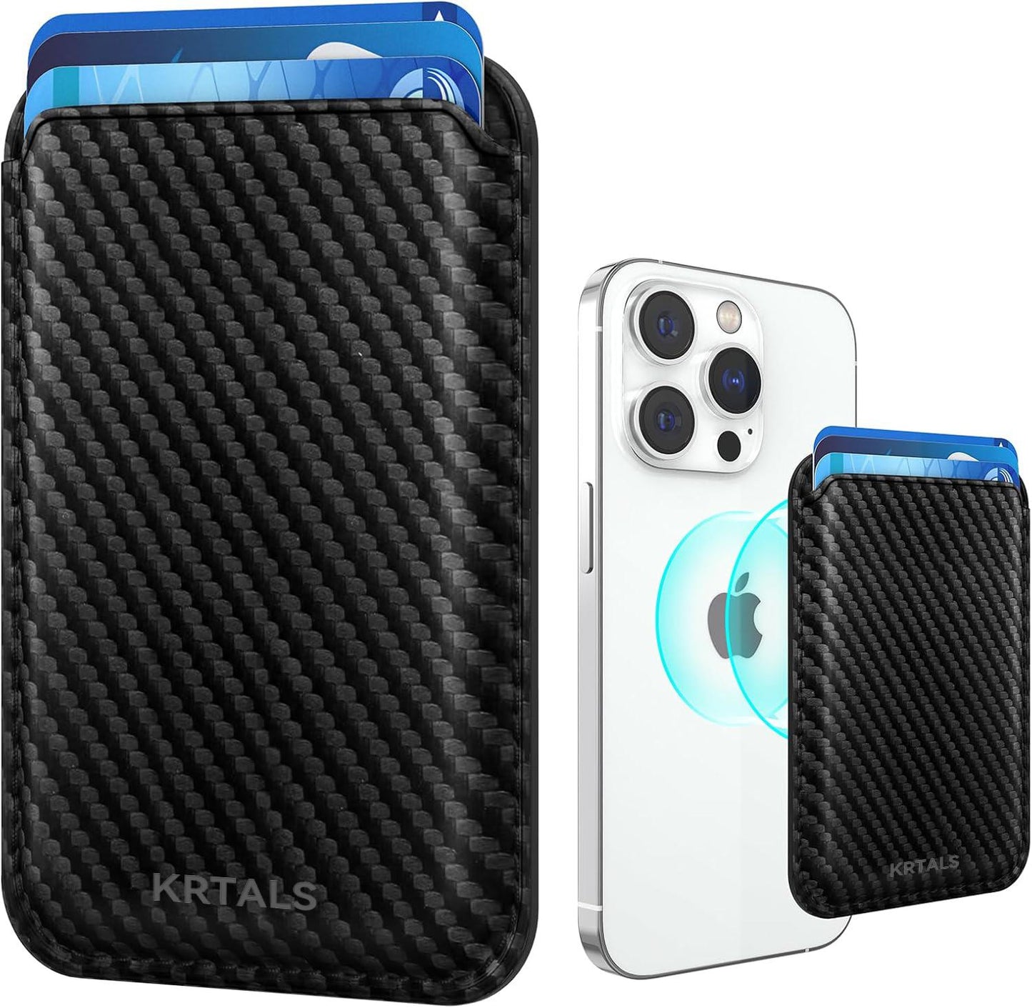 KRTALS Magnetic Cell Phone Card Holder for Phone Case with Mag Safe, Stronger Magnetic RFID Leather Phone Wallet Stick on Series of iPhone 17/16/15/14/13/12 and Pro/Promax, Carbon Fiber Black