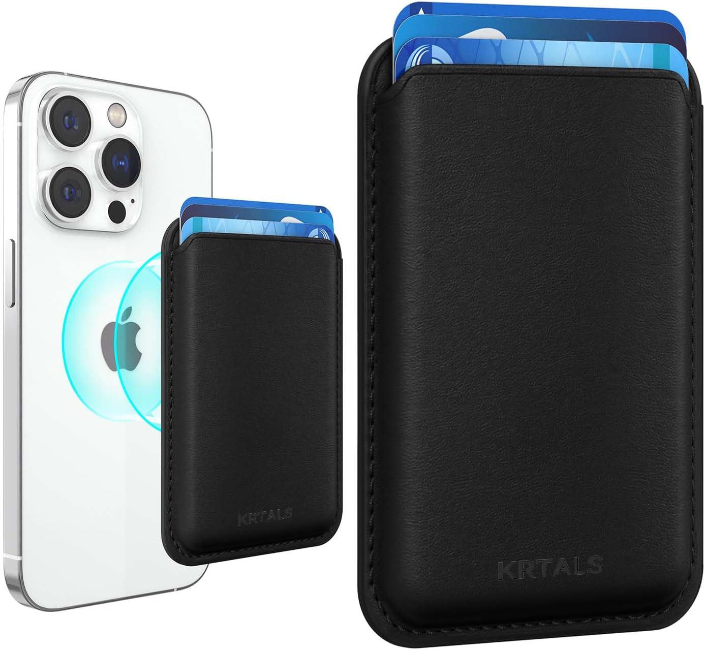 KRTALS Stronger Magnetic RFID Leather Mag-Safe Card Holder for iPhone 16 Series, Mag-Safe Accessories Stick on Series of iPhone 17/16/15/14/13/12 and Pro/Promax, Black