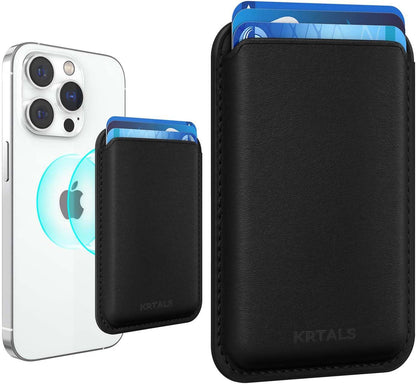 KRTALS Stronger Magnetic RFID Leather Mag-Safe Card Holder for iPhone 16 Series, Mag-Safe Accessories Stick on Series of iPhone 17/16/15/14/13/12 and Pro/Promax, Black