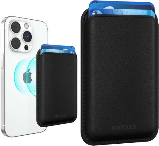 KRTALS Stronger Magnetic RFID Leather Mag-Safe Card Holder for iPhone 16 Series, Mag-Safe Accessories Stick on Series of iPhone 17/16/15/14/13/12 and Pro/Promax, Black