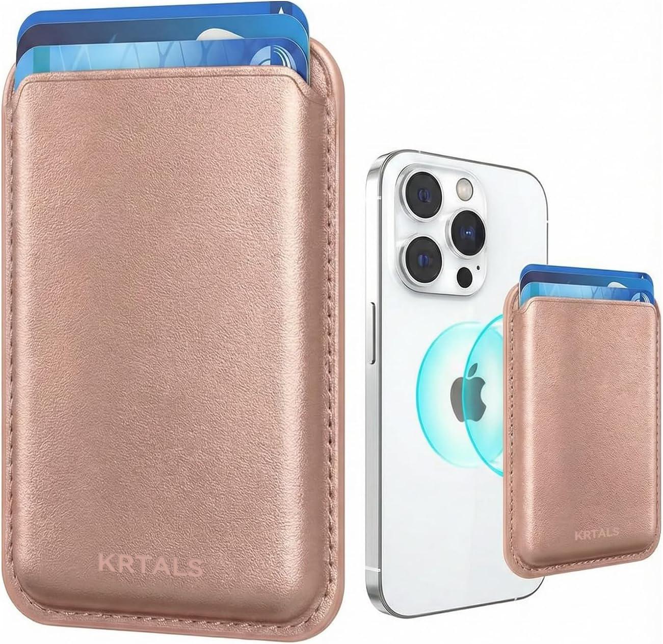 KRTALS Stronger Magnetic RFID Leather Mag-Safe Card Holder for iPhone 17 Series, Mag-Safe Accessories Stick on Series of iPhone 17/16/15/14/13/12 and Pro/Promax, Rose Gold
