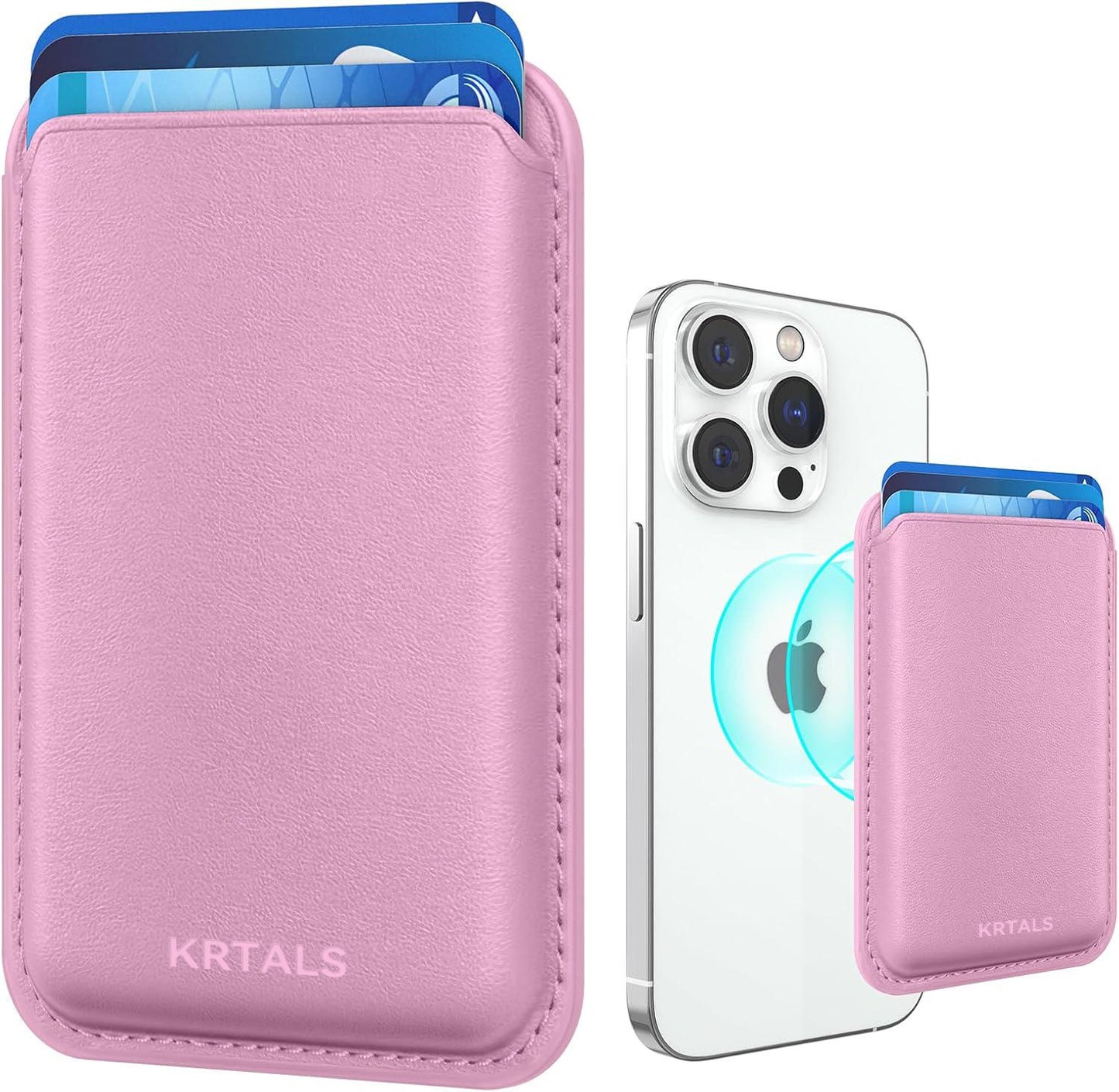 KRTALS Magnetic Wallet Cell Phone Card Holder for Phone Case with Mag-Safe, Stronger Magnetic RFID Leather Phone Wallet Stick on Series of iPhone 17/16/15/14/13/12 and Pro/Promax, Pink