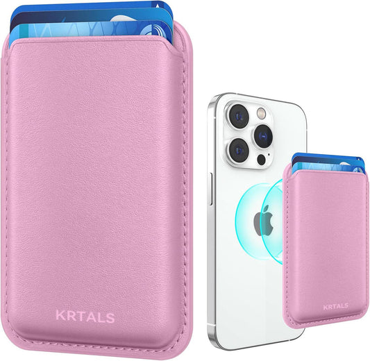 KRTALS Magnetic Wallet Cell Phone Card Holder for Phone Case with Mag-Safe, Stronger Magnetic RFID Leather Phone Wallet Stick on Series of iPhone 17/16/15/14/13/12 and Pro/Promax, Pink