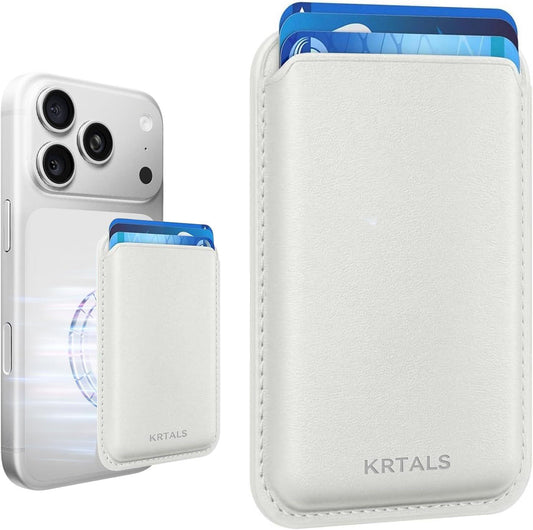 KRTALS Stronger Magnetic RFID Leather Mag-Safe Card Holder for iPhone 16 Series, Mag-Safe Accessories Stick on Series of iPhone 17/16/15/14/13/12 and Pro/Promax, White