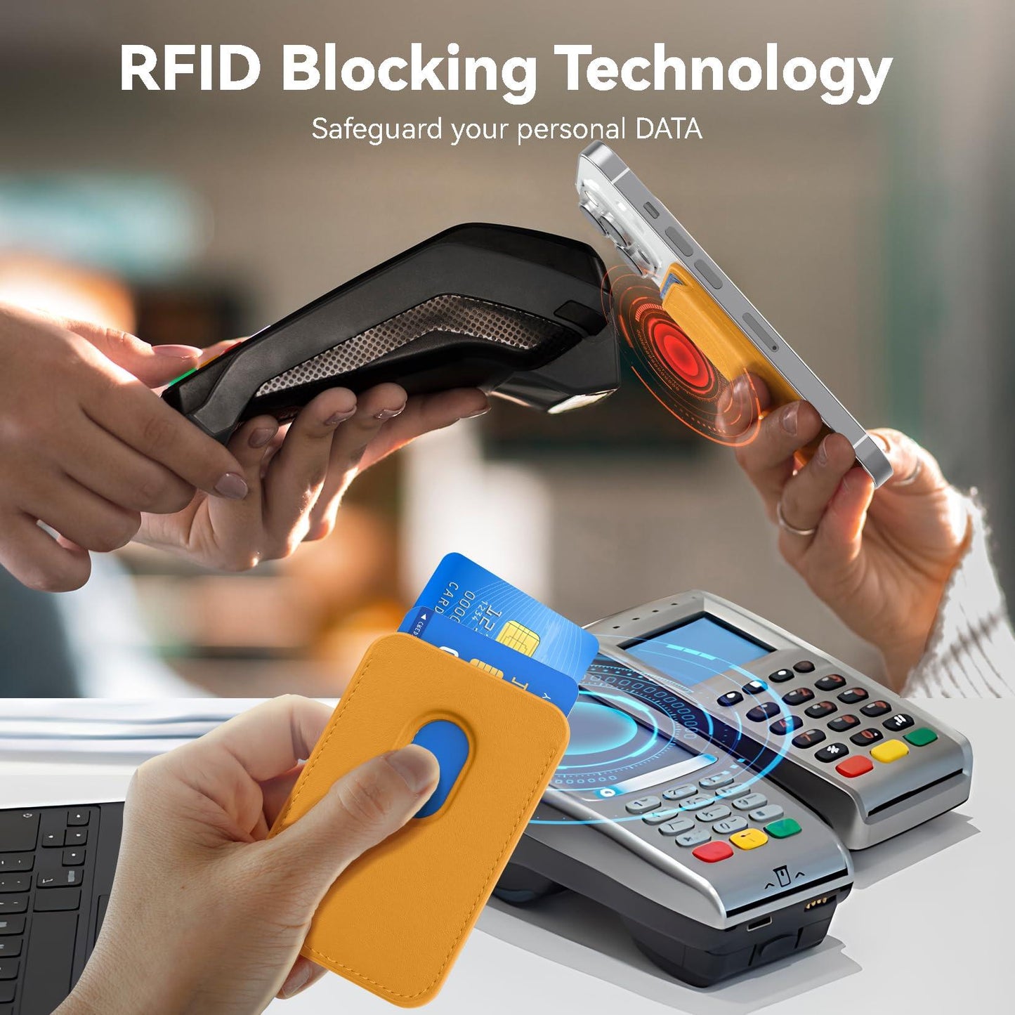 KRTALS Magnetic Mag-safe Wallet Cell Phone Card Holder for iPhone 15 Series, Stronger Magnetic RFID Leather Phone Wallet Stick on Series of iPhone 17/16/15/14/13/12 Pro/Promax, Yellow