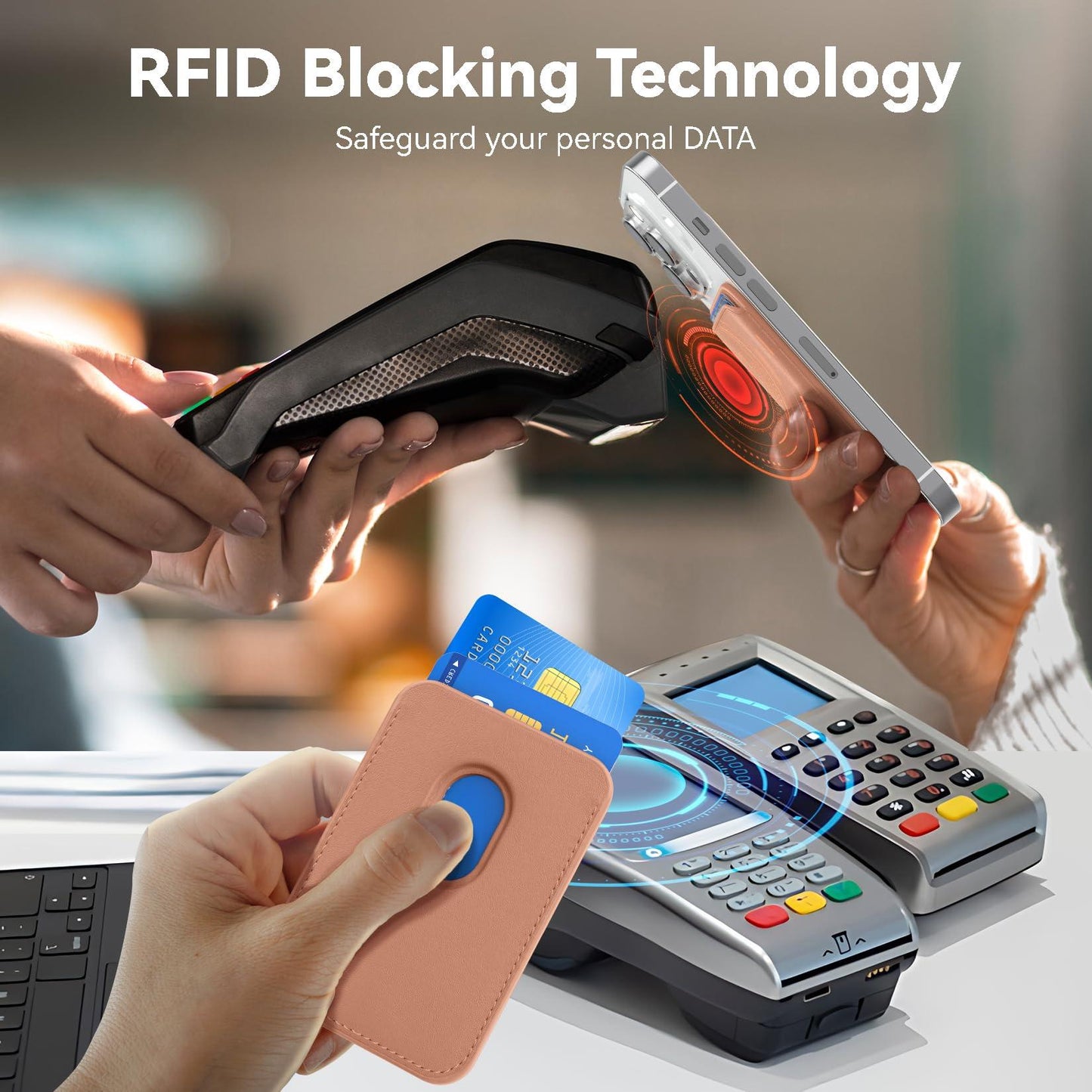 KRTALS Stronger Magnetic RFID Leather Mag-Safe Card Holder for iPhone 17 Series, Mag-Safe Accessories Stick on Series of iPhone 17/16/15/14/13/12 and Pro/Promax, Rose Gold