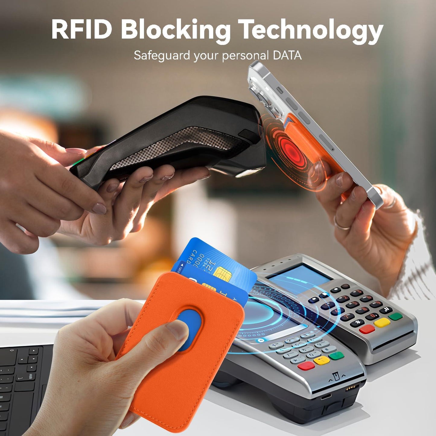 KRTALS Stronger Magnetic RFID Leather Mag-Safe Card Holder for iPhone 15 Series, Mag-Safe Accessories Stick on Series of iPhone 17/16/15/14/13/12 and Pro/Promax, Orange