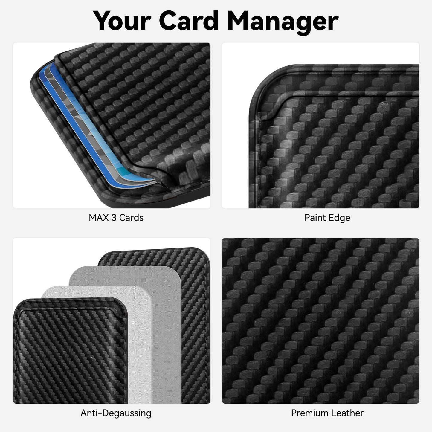 KRTALS Magnetic Cell Phone Card Holder for Phone Case with Mag Safe, Stronger Magnetic RFID Leather Phone Wallet Stick on Series of iPhone 17/16/15/14/13/12 and Pro/Promax, Carbon Fiber Black