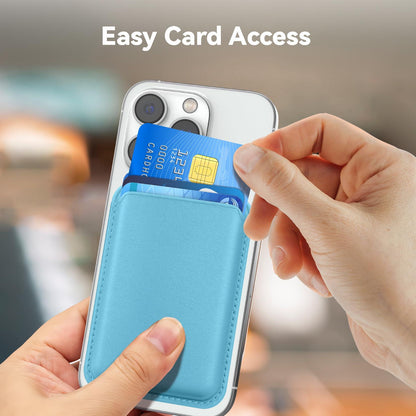 KRTALS Magnetic Wallet Cell Phone Card Holder for Phone Case with Mag-Safe, Stronger Magnetic RFID Leather Phone Wallet Stick on Series of iPhone 17/16/15/14/13/12 and Pro/Promax, Light Blue
