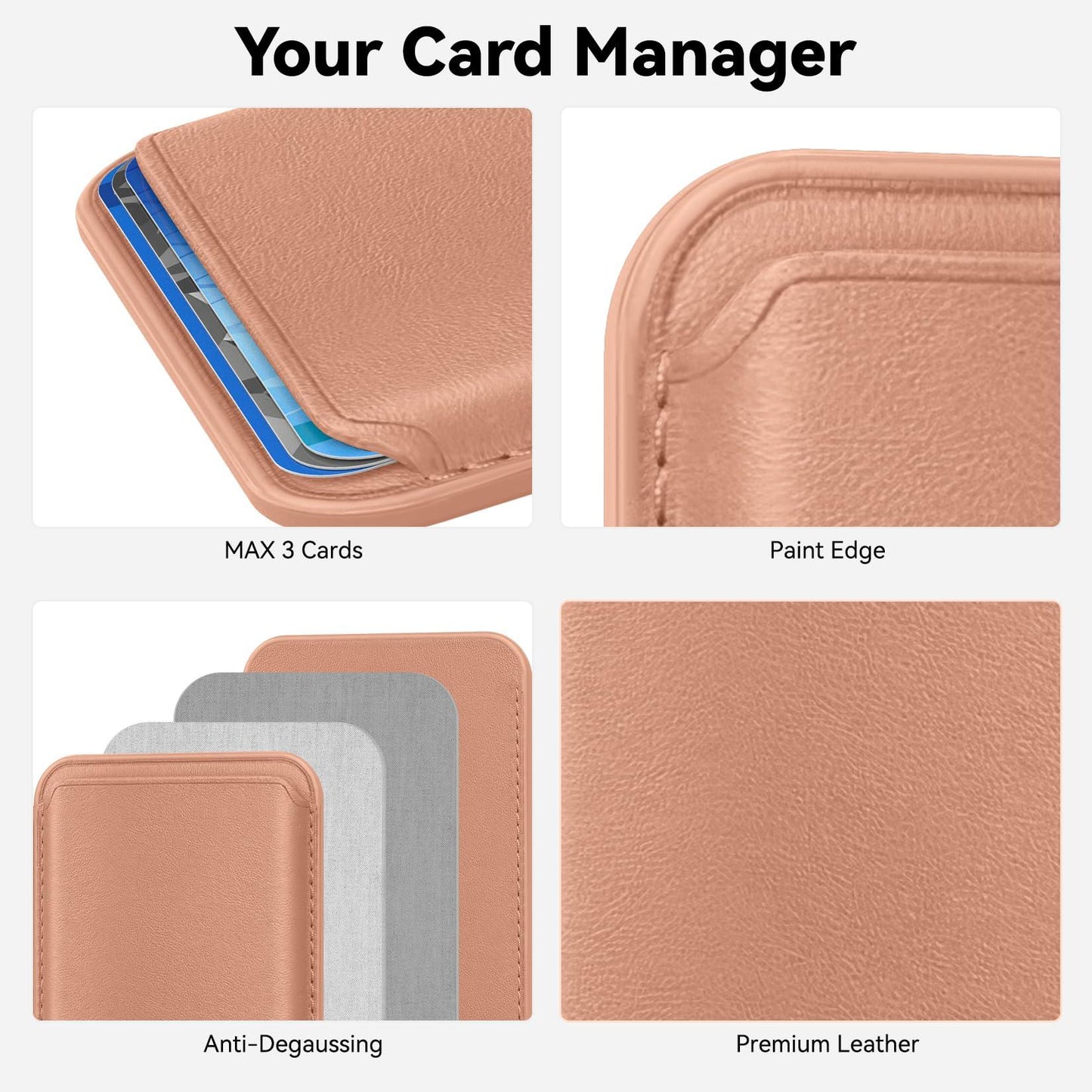 KRTALS Stronger Magnetic RFID Leather Mag-Safe Card Holder for iPhone 17 Series, Mag-Safe Accessories Stick on Series of iPhone 17/16/15/14/13/12 and Pro/Promax, Rose Gold