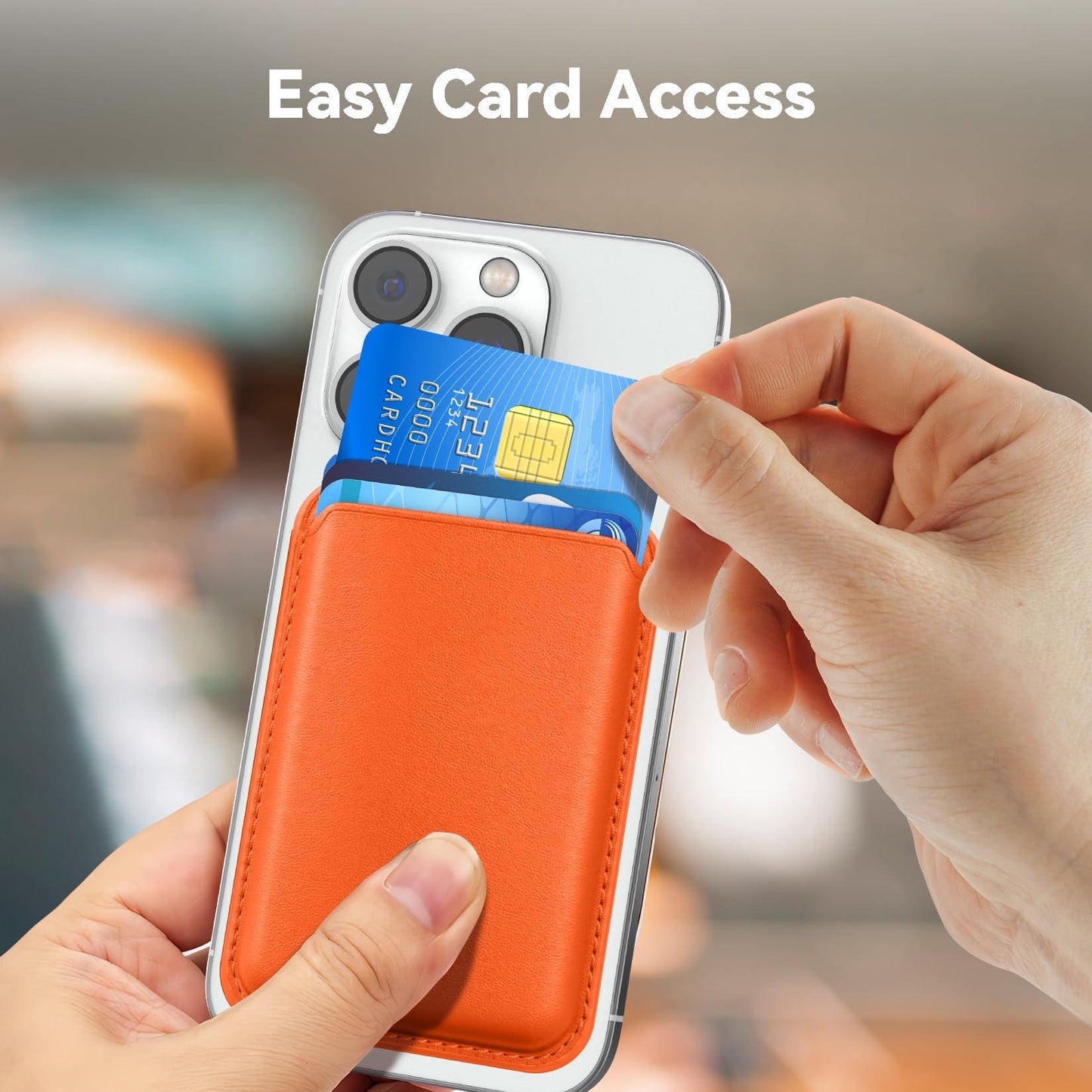 KRTALS Stronger Magnetic RFID Leather Mag-Safe Card Holder for iPhone 15 Series, Mag-Safe Accessories Stick on Series of iPhone 17/16/15/14/13/12 and Pro/Promax, Orange