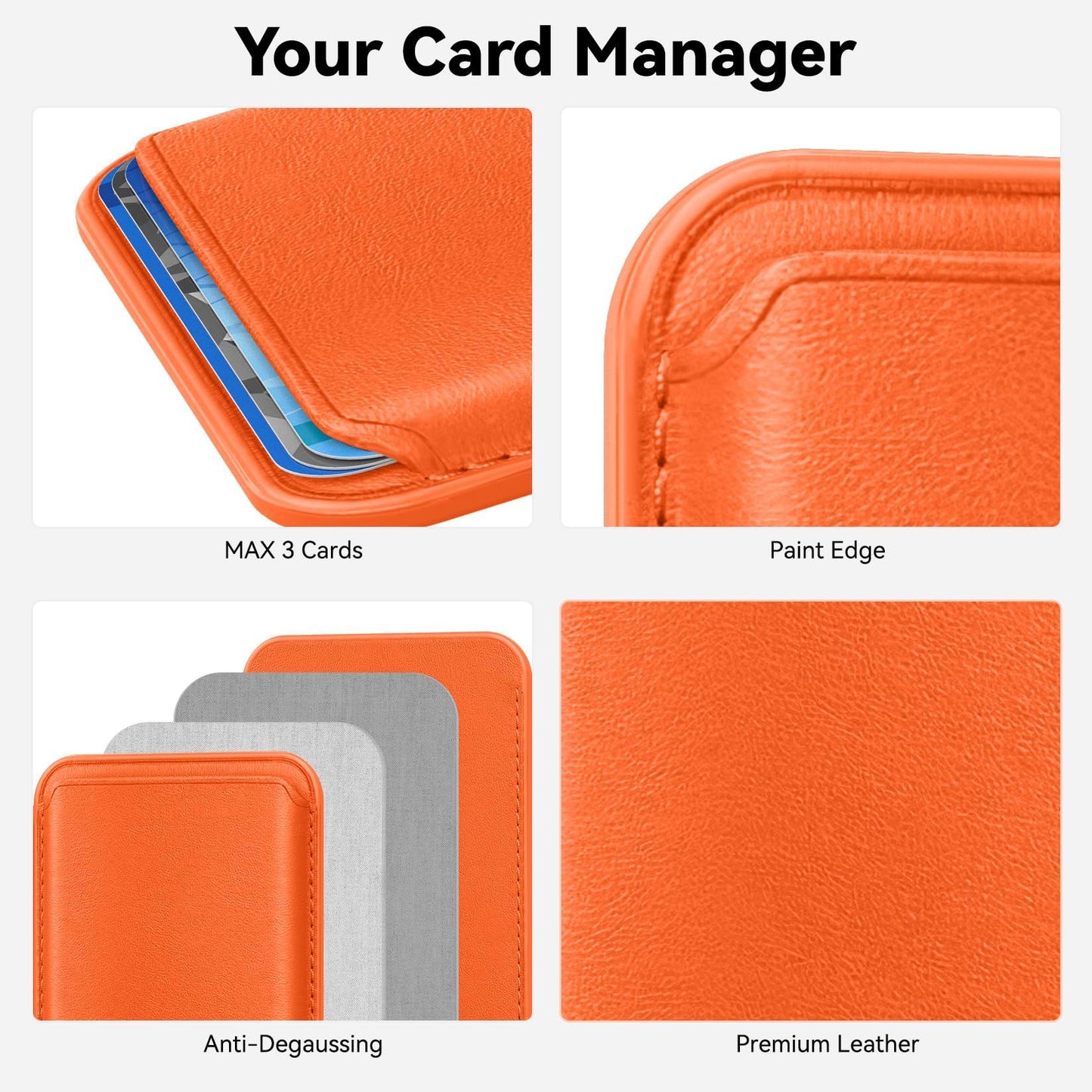 KRTALS Stronger Magnetic RFID Leather Mag-Safe Card Holder for iPhone 15 Series, Mag-Safe Accessories Stick on Series of iPhone 17/16/15/14/13/12 and Pro/Promax, Orange