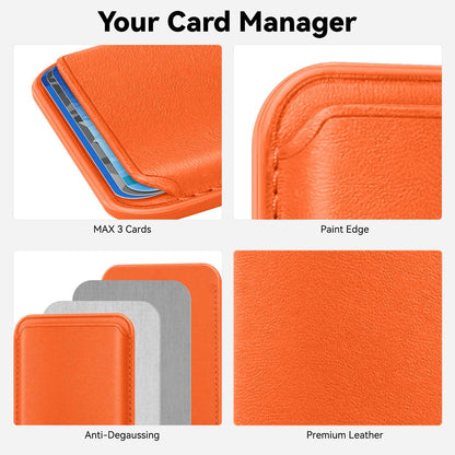 KRTALS Stronger Magnetic RFID Leather Mag-Safe Card Holder for iPhone 15 Series, Mag-Safe Accessories Stick on Series of iPhone 17/16/15/14/13/12 and Pro/Promax, Orange