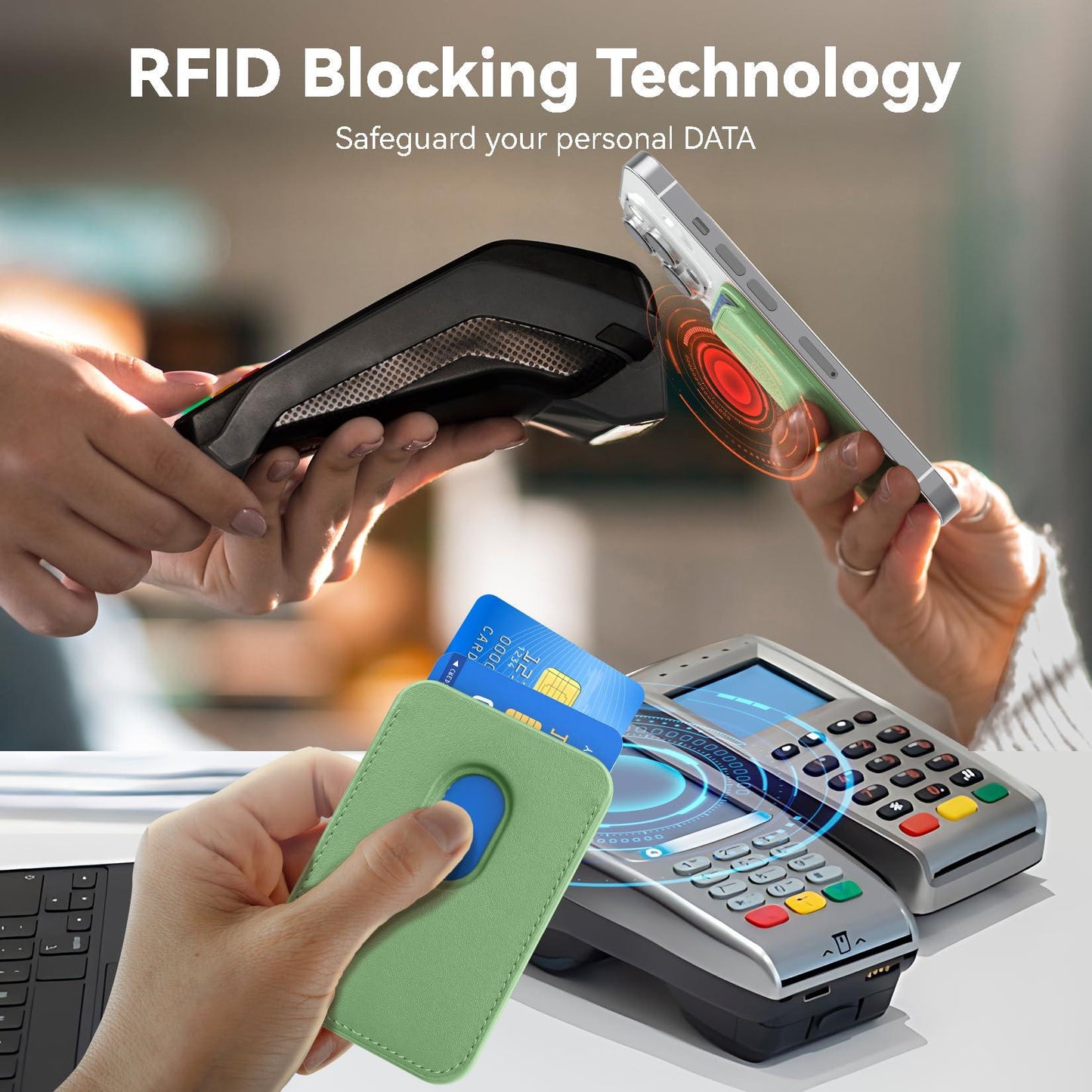 KRTALS Stronger Magnetic RFID Leather Mag-Safe Card Holder for iPhone 17 Series, Mag-Safe Accessories Stick on Series of iPhone 17/16/15/14/13/12 and Pro/Promax, Light Green