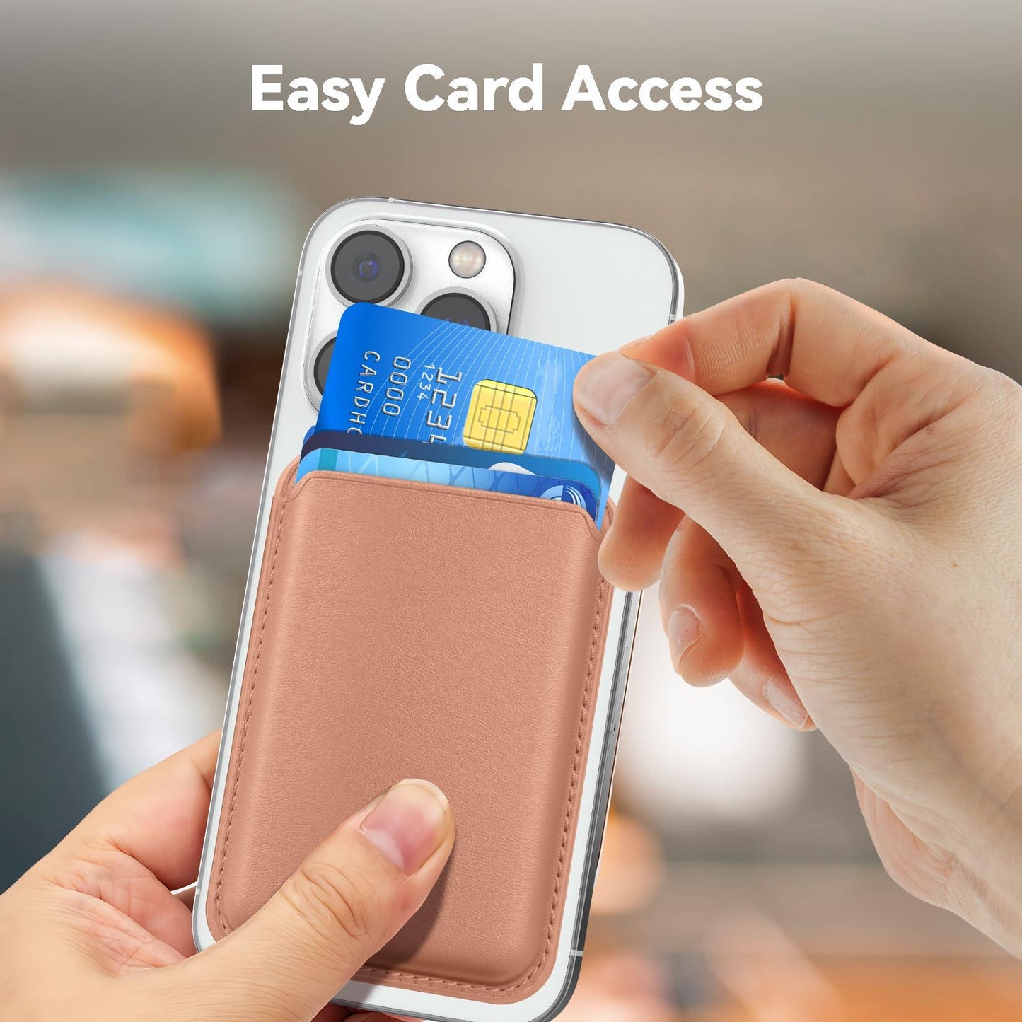 KRTALS Stronger Magnetic RFID Leather Mag-Safe Card Holder for iPhone 17 Series, Mag-Safe Accessories Stick on Series of iPhone 17/16/15/14/13/12 and Pro/Promax, Rose Gold