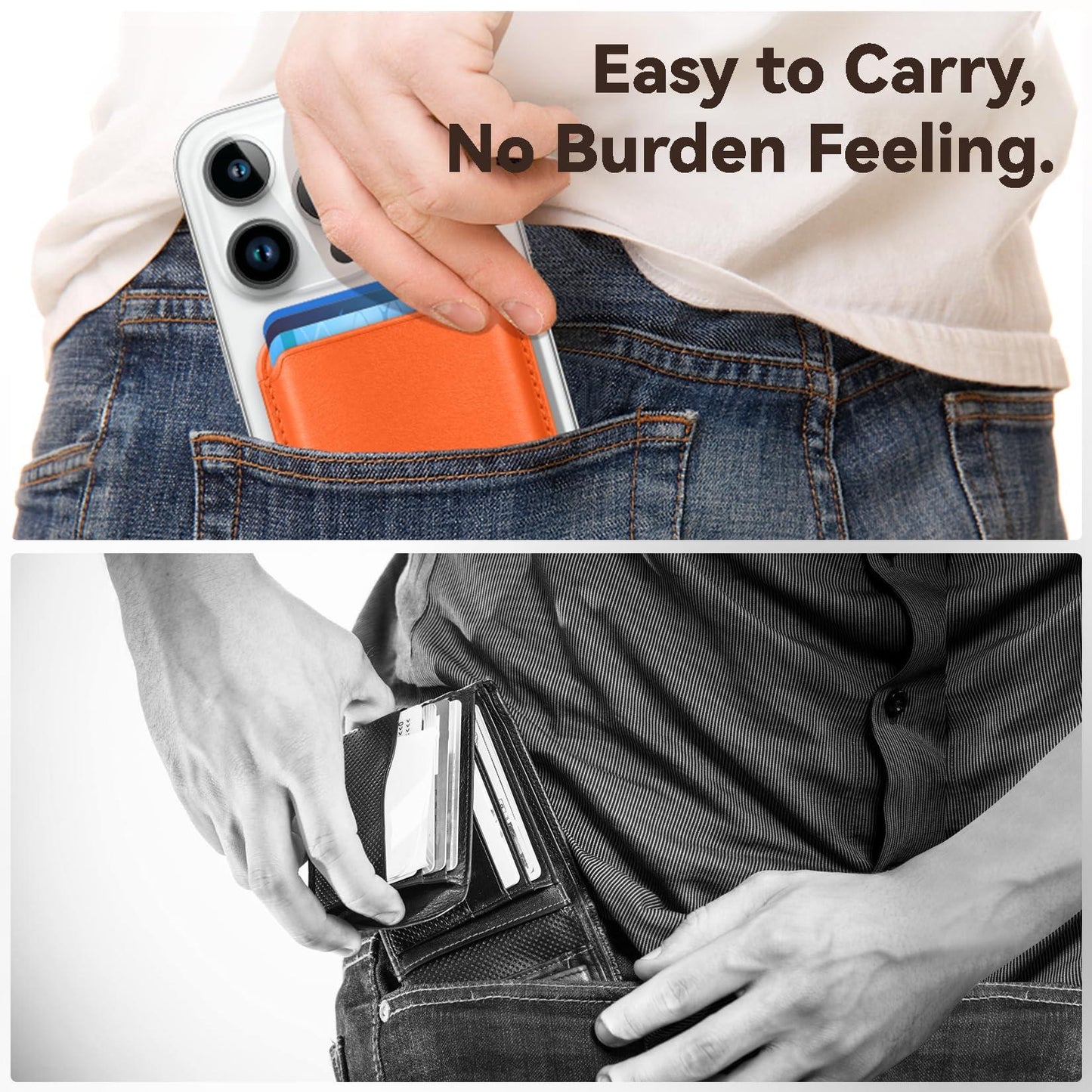 KRTALS Stronger Magnetic RFID Leather Mag-Safe Card Holder for iPhone 15 Series, Mag-Safe Accessories Stick on Series of iPhone 17/16/15/14/13/12 and Pro/Promax, Orange