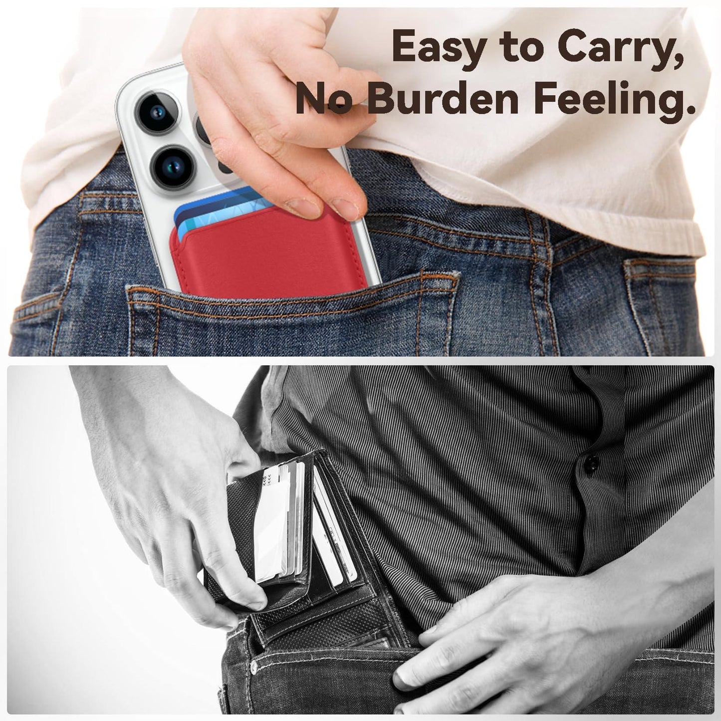 KRTALS Stronger Magnetic RFID Leather Mag-Safe Card Holder for iPhone 16 Series, Mag-Safe Accessories Stick on Series of iPhone 17/16/15/14/13/12 and Pro/Promax, Red