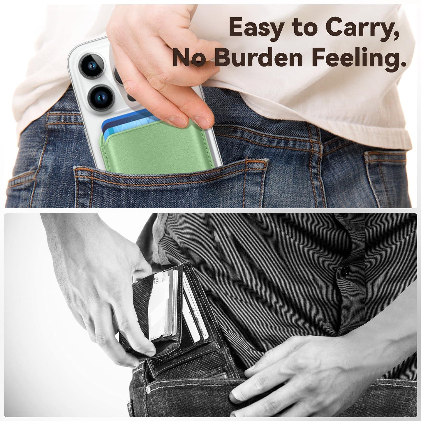 KRTALS Stronger Magnetic RFID Leather Mag-Safe Card Holder for iPhone 17 Series, Mag-Safe Accessories Stick on Series of iPhone 17/16/15/14/13/12 and Pro/Promax, Light Green