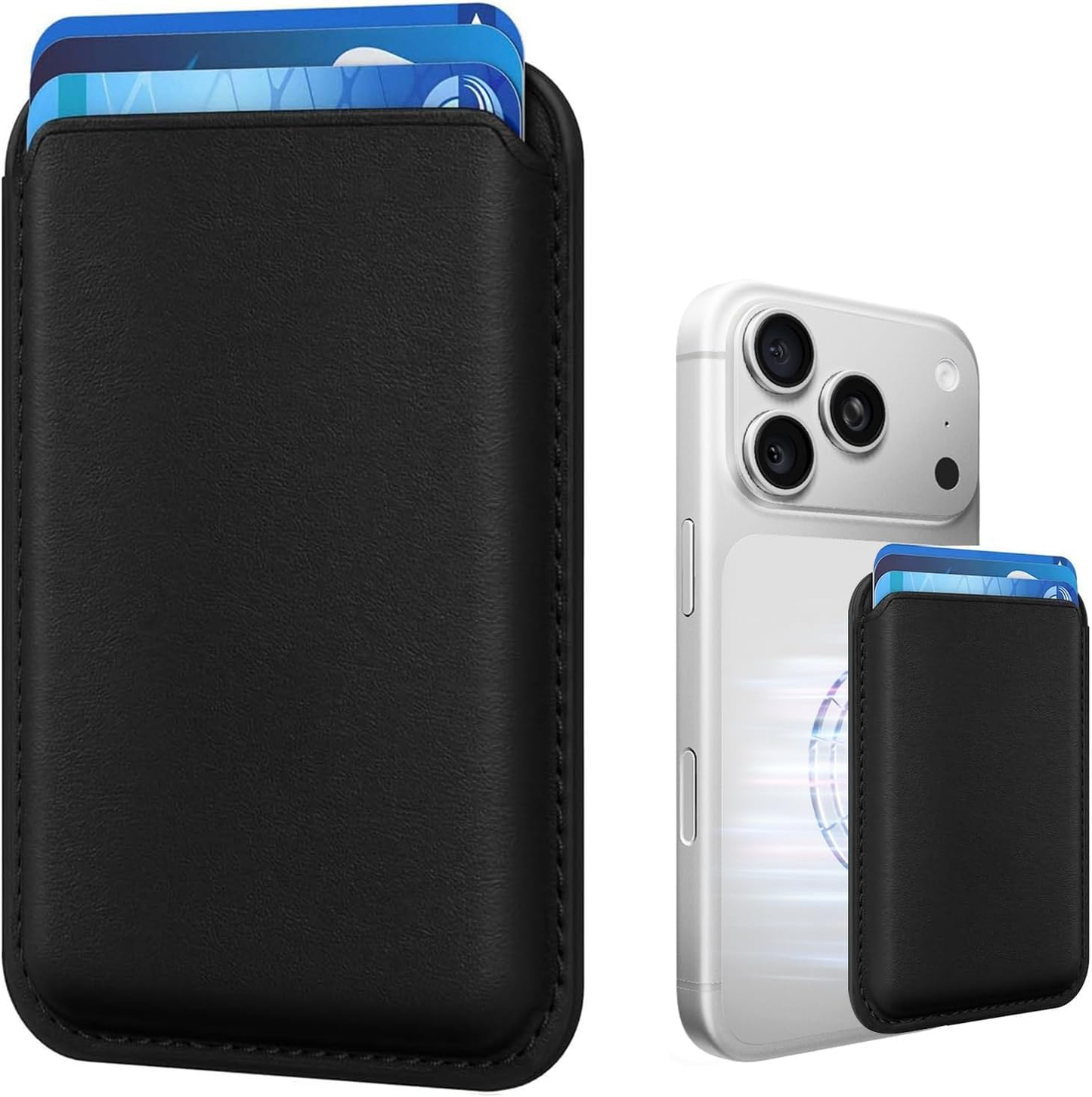 KRTALS Stronger Magnetic RFID Leather Mag-Safe Card Holder for iPhone 16 Series, Mag-Safe Accessories Stick on Series of iPhone 17/16/15/14/13/12 and Pro/Promax, Black